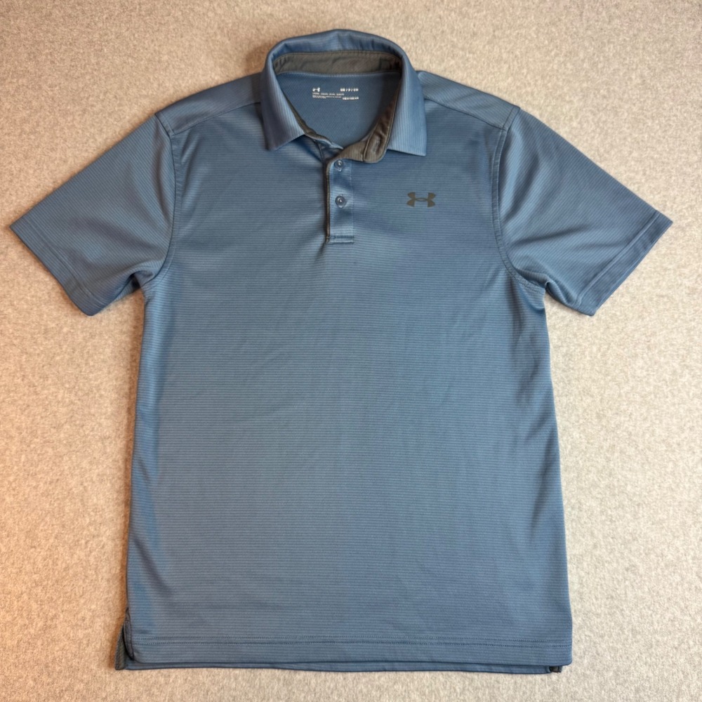 Under Armour Mens HeatGear Polo Shirt Blue Heather Stripe Loose Fit Small - Picture 3 of 7